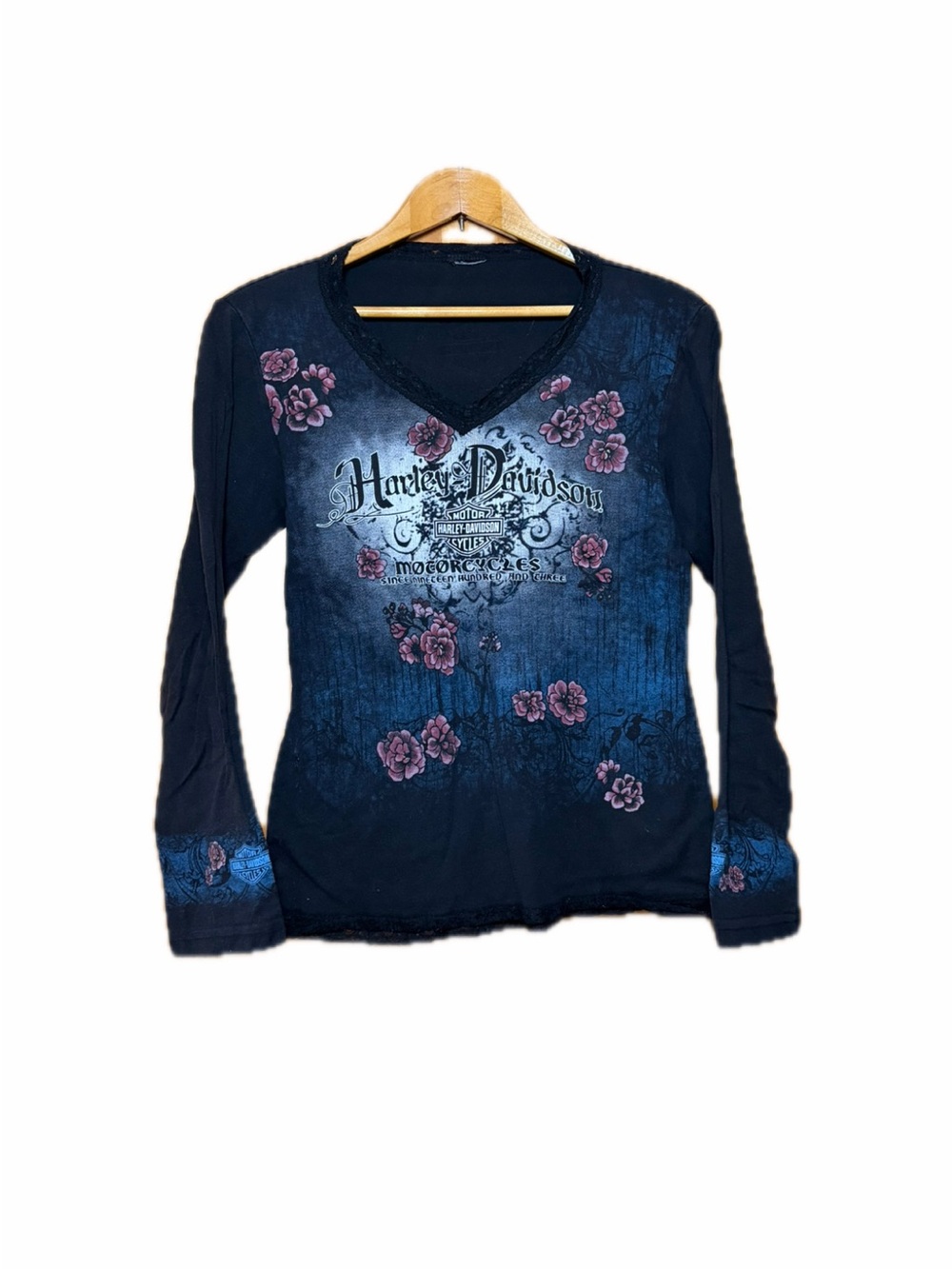 Harley-Davidson Black Blue V-Neck Long Sleeve Tee with Pink Floral Accents